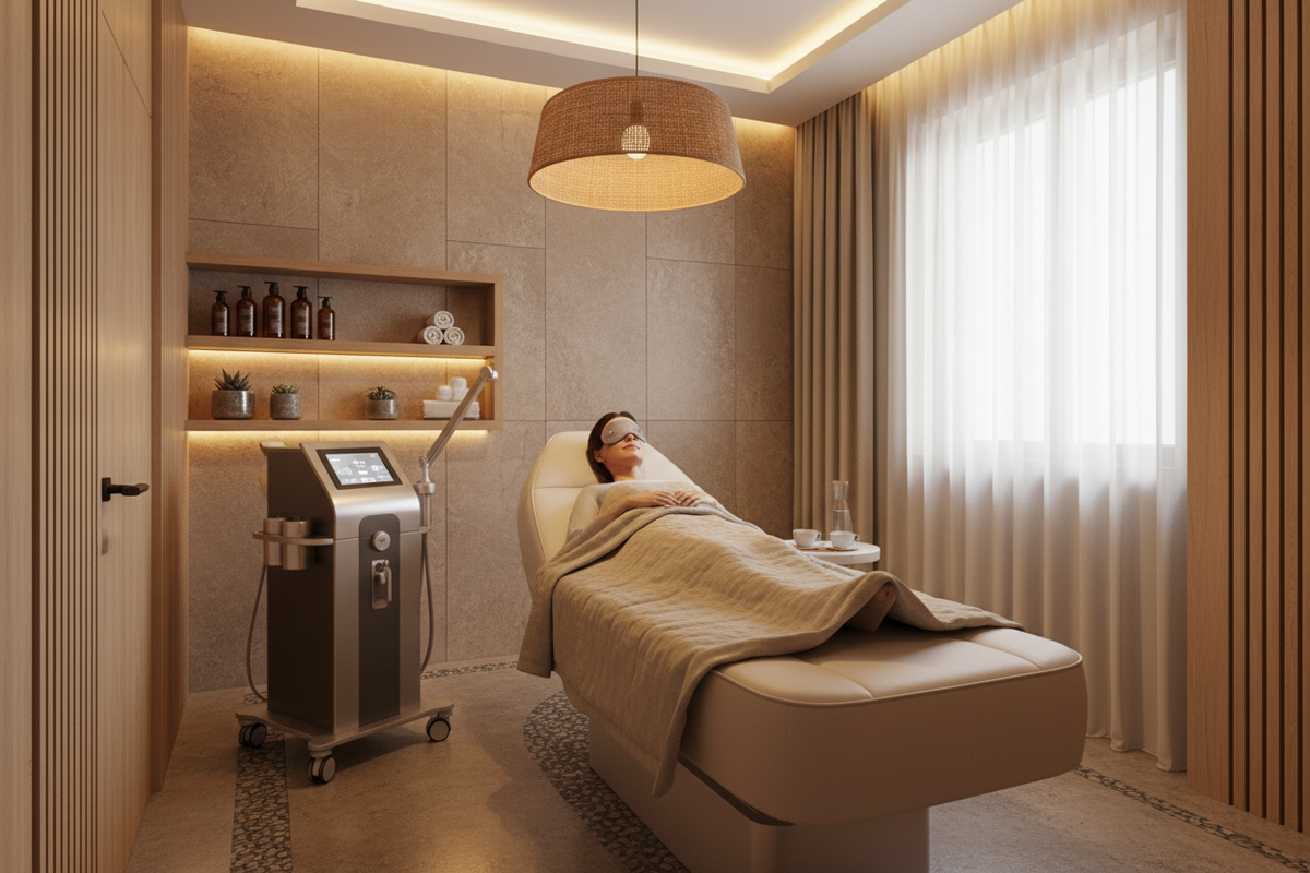 Professional med spa treatment room with electric facial bed and clinical equipment