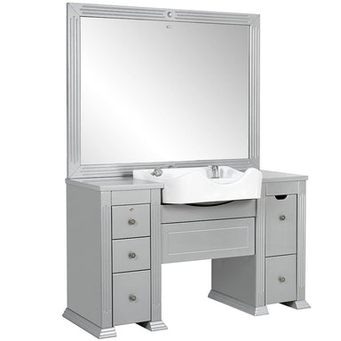 Angled view of the DIR Insignia Barber Shampoo Station showing mirror and cabinetry layout