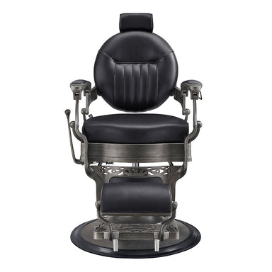 Antique detailed metal frame with brushed chrome finish on Kaiser retro barber chair