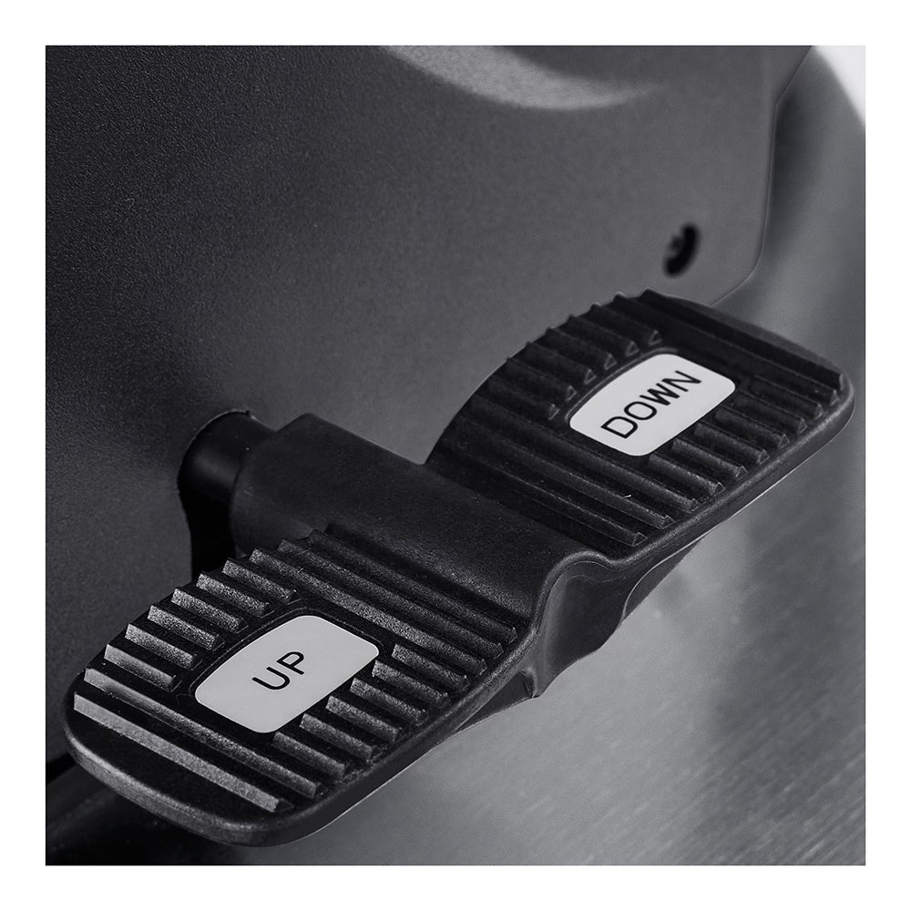 Black foot pedal with UP and DOWN labels for electric height and recline control on DIR Maximus spa bed