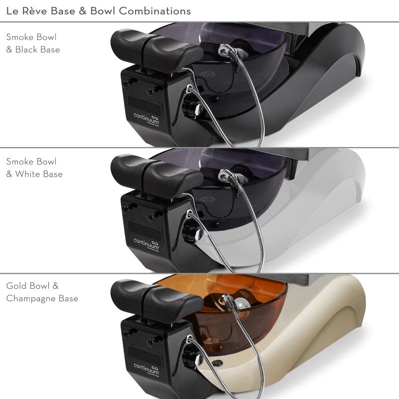 Three views of Le Reve Spa Chair  with different base and bowl combinations on a white background.
