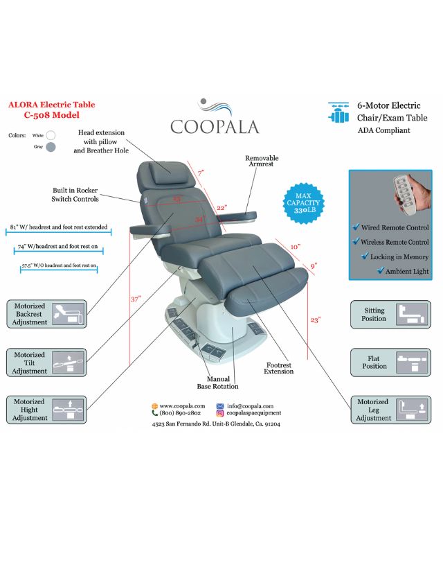 Coopala Alora C-508 electric exam table with ergonomic design and 6 powerful motors