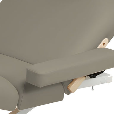 Custom Craftworks Swivel Side Arm Supports (Set of two) - Beige recliner with wooden armrests close up view