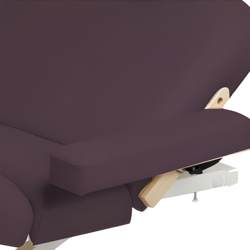 Custom Craftworks Swivel Side Arm Supports (Set of two) - purple recliner with wooden armrests close up view