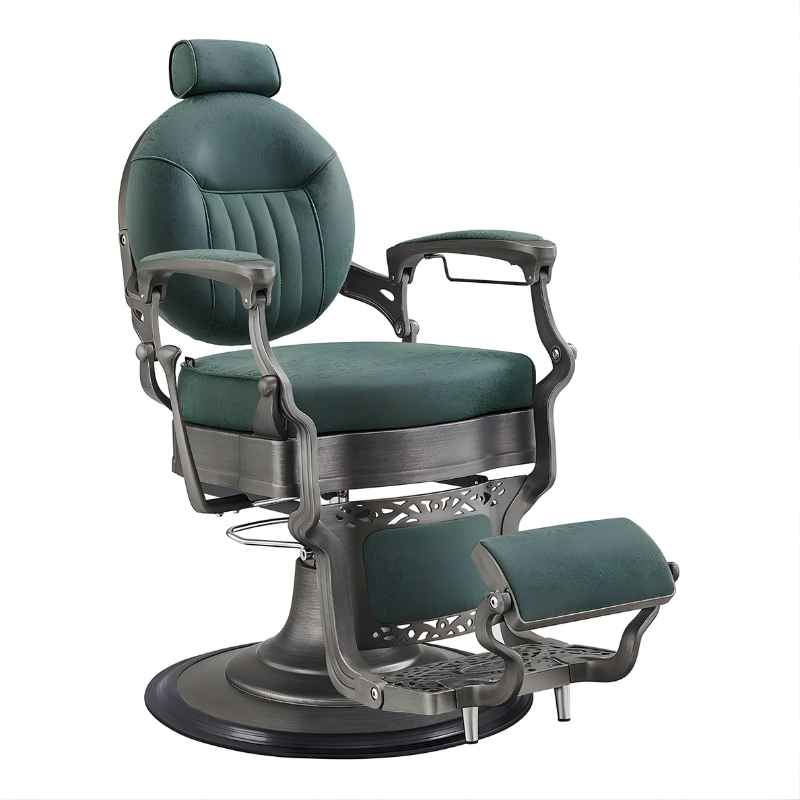 DIR Kaiser Retro Vintage Barber Chair | Antique European Style Barber Chair  - Barber chair with green cushioned seat and backrest on a white background