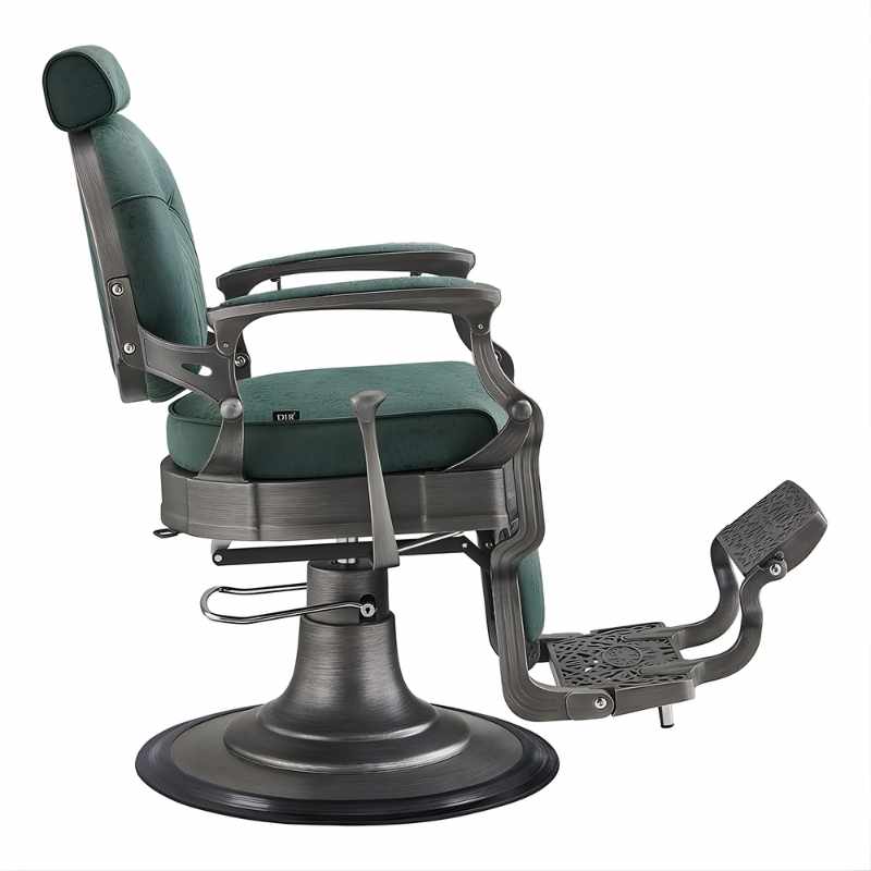 DIR Kaiser Retro Vintage Barber Chair | Antique European Style Barber Chair  - Barber chair with green seat and black metal frame on a white background