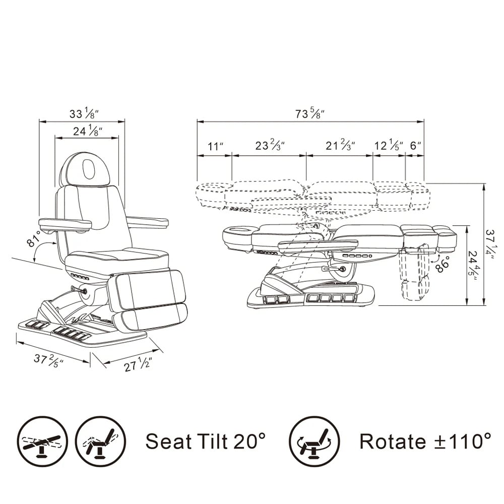 DIR Aurora electric spa chair technical diagram - motor positions and adjustment ranges