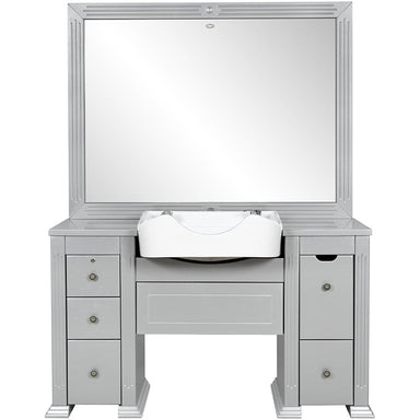 DIR Insignia Barber Shampoo Station – full front view with mirror, ceramic bowl, and storage cabinets