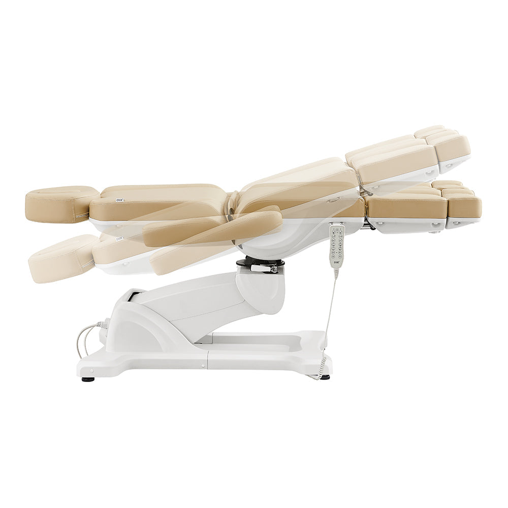 DIR Libra Electric Treatment Chair — Beige, fully reclined flat position