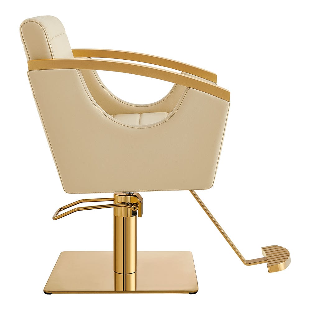 DIR salon styling chair beige with gold base - angled front view