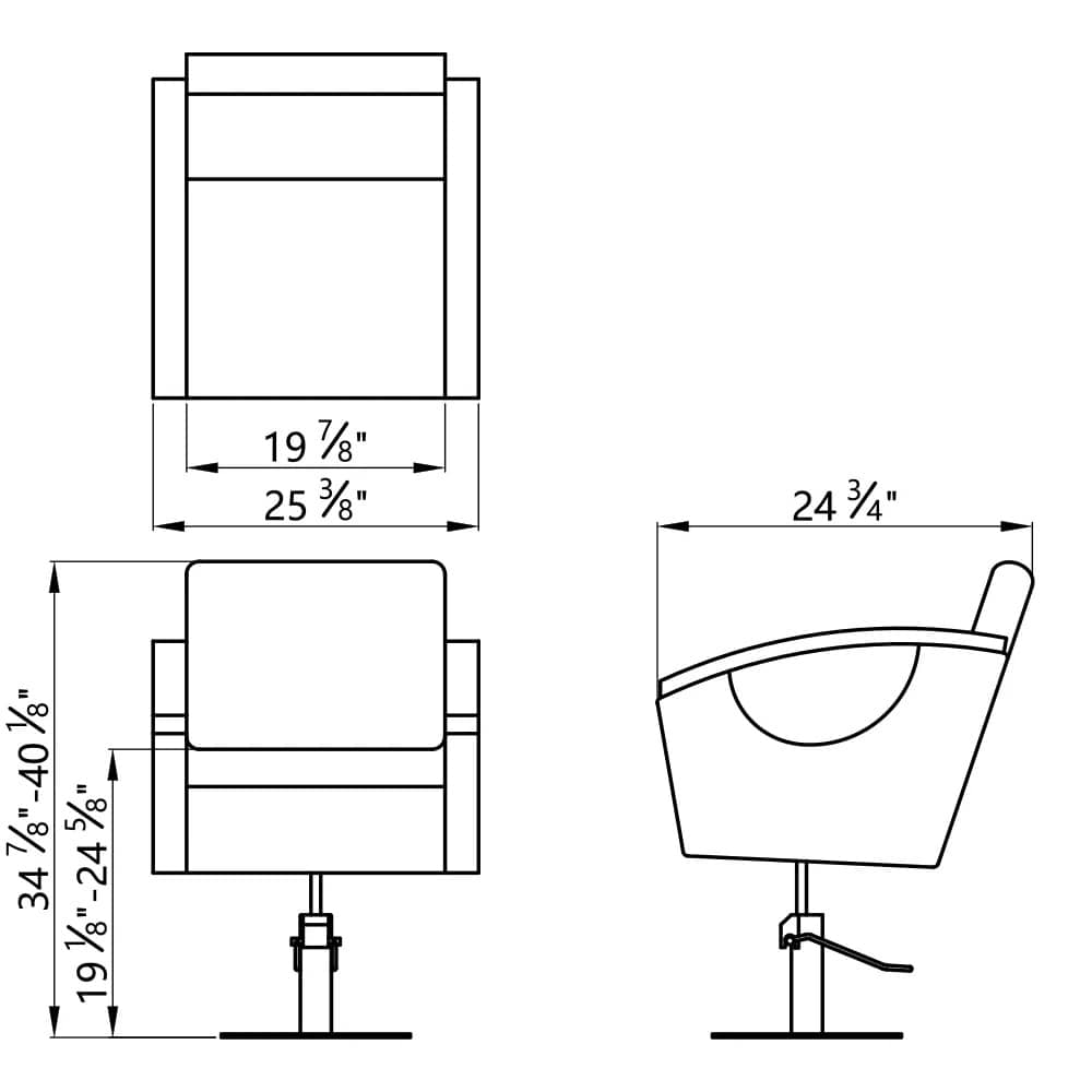 DIR salon styling chair technical drawing with dimensions and specifications