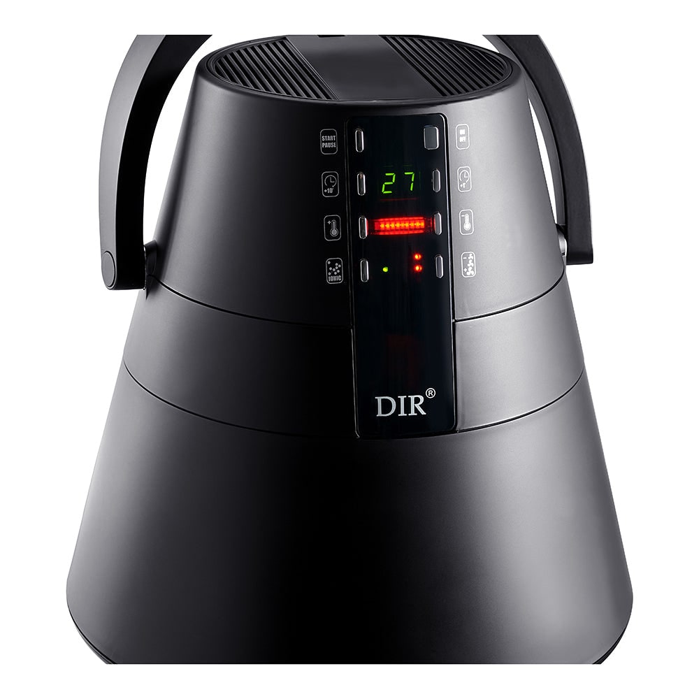 Digital control panel of DIR Orion salon dryer hood showing temperature and timer settings