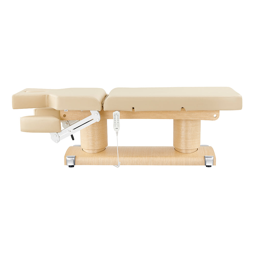 Beige electric massage table with adjustable parts on a white background