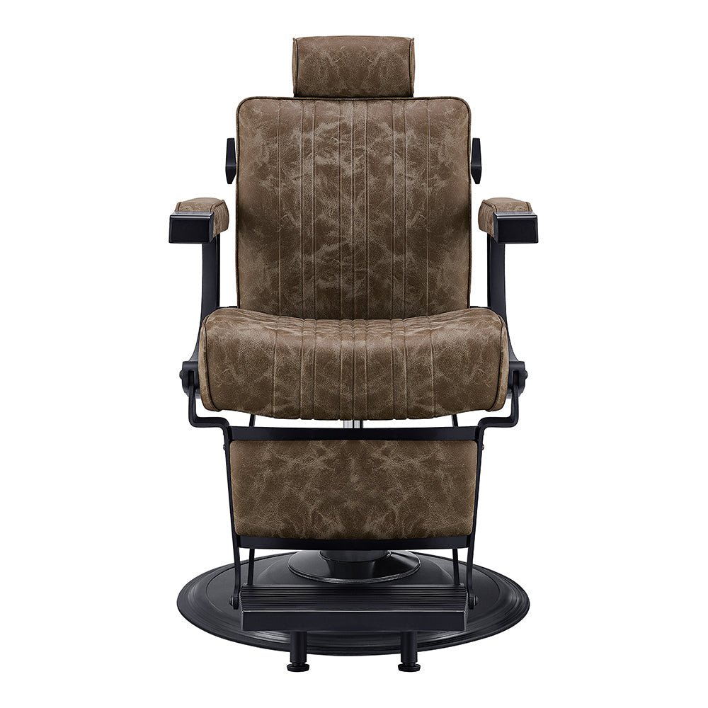 Durable professional barber chair with metal frame and vintage brown leather upholstery 