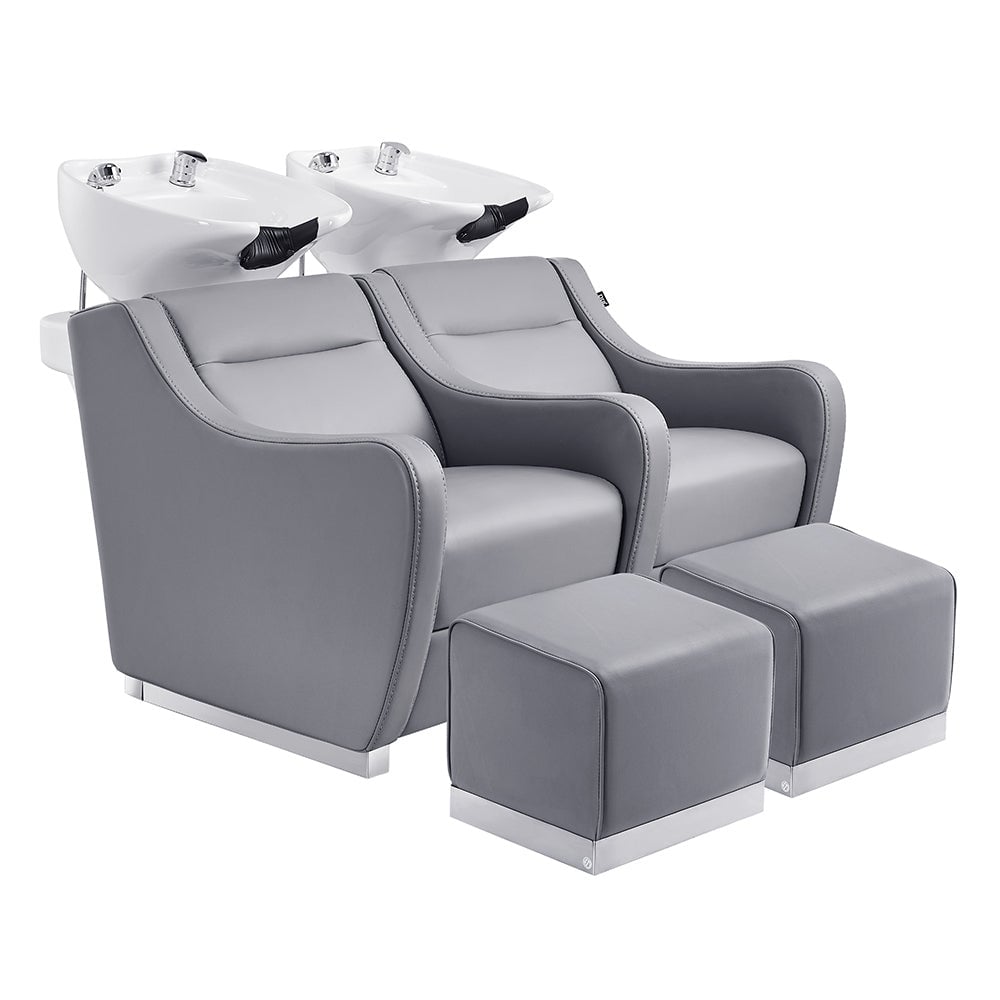Front view of DIR Majestic two-seat salon shampoo chair with tilting ceramic bowls
