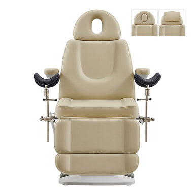 Geneva 4-motor gynecology exam table beige - side view with adjustable stirrups