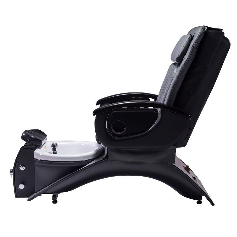 Black pedicure chair with foot basin on a white background