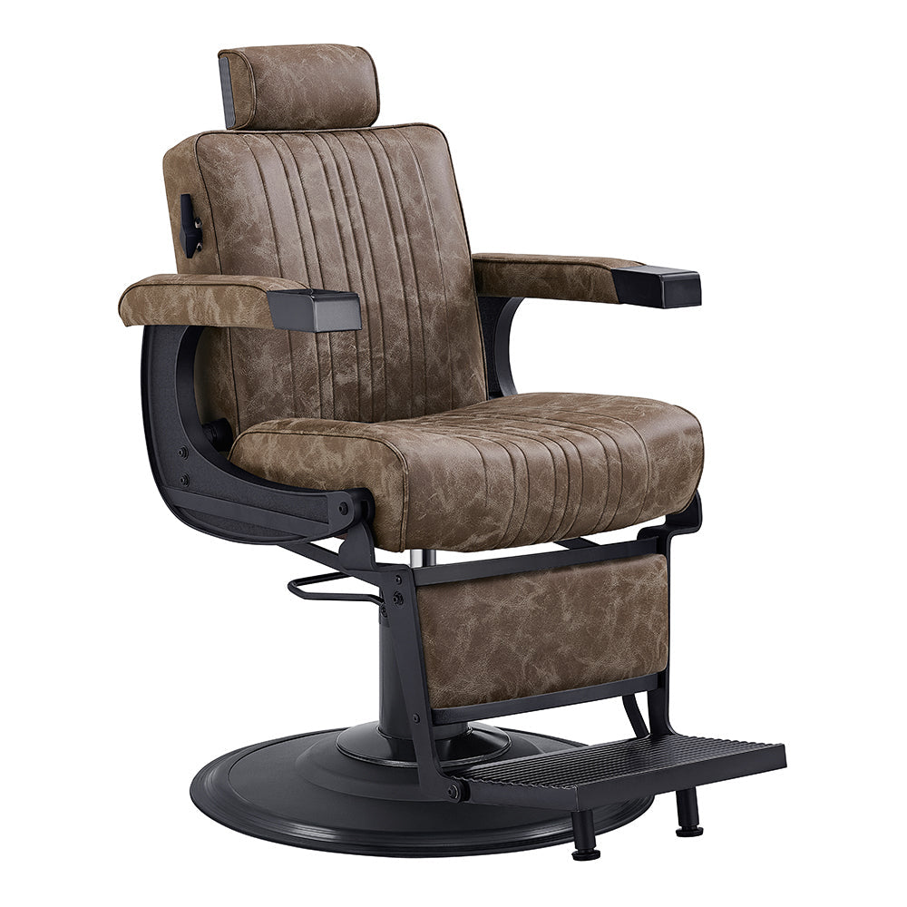 Luxury vintage brown-color barber chair with chrome base and adjustable headrest