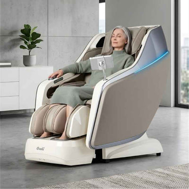 Osaki JP-Nexus 4D - Electric Chair Massager- Woman in green relaxing indoor setting