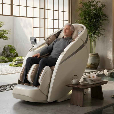 Osaki OS-Pro 4D+3D DuoMax - Electric Chair Massager - Man relaxing in indoor setting