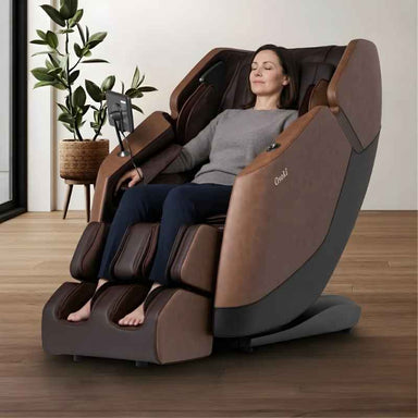 Osaki Ziva - Electric Chair Massager - Woman relaxing in brown chain in indoor setting