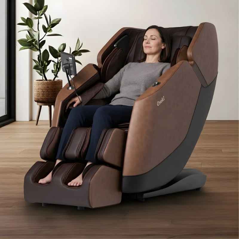 Osaki Ziva - Electric Chair Massager - Woman relaxing in brown chain in indoor setting