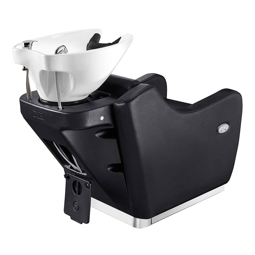 Side profile of DIR Callisto electric shampoo chair showing 85-degree recline angle