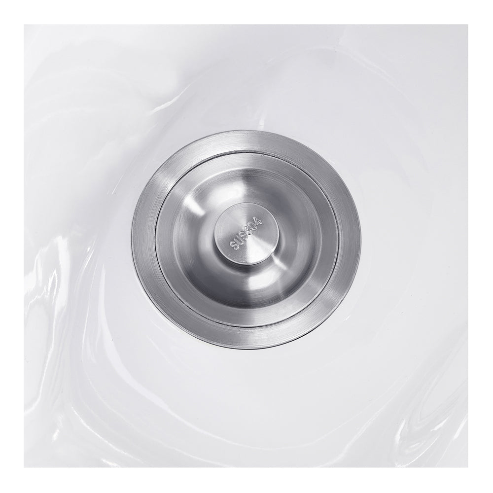 Stainless steel sink drain with vacuum breaker for white ceramic shampoo bowl on salon station