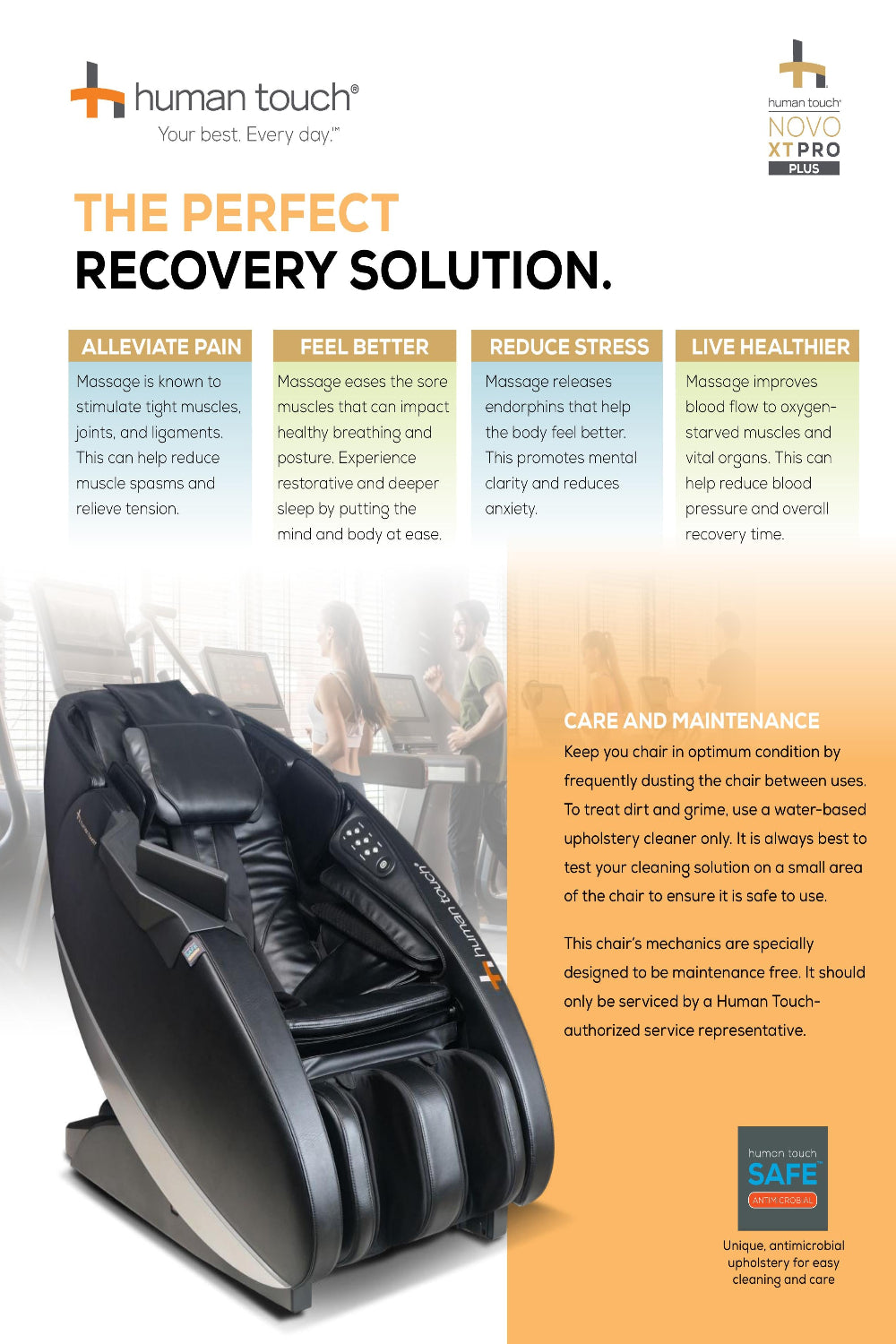 Advertisement for a massage chair with text highlighting its benefits and features, featuring the brand 'Human Touch'.